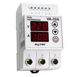 Обмежувач (реле) напруги VА-32A з контролем струму V-protector на DIN-рейку, DigTOP